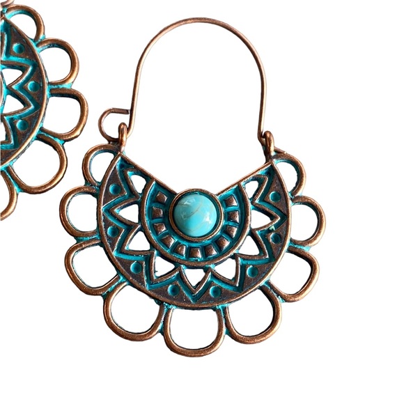 Boho Bronzed and Turquoise Drop Earrings - Picture 4 of 4